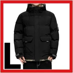 ダウンジャケット (L) 黒 ダウンコート フード付き オーバーサイズ 韓国風