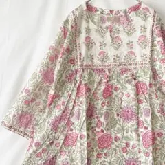 A104可憐✳︎赤桃花柄 ハンドブロックプリント インド綿 ロングワンピース Lのサムネイル