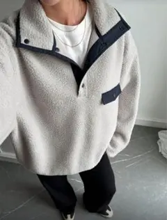 グレー フリースジャケット・カジュアル 襟付き ハーフジップ スウェットシャツM