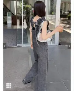 ショルダーフリルバックリボンデニムオールインワン[dh1285]