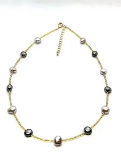 【テリ最強】本真珠チャコールグレーシルバーパールネックレスK18金箔マルチカラー