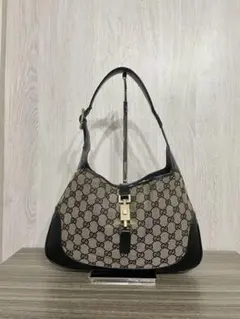 GUCCI ジャッキー　ワンショルダーバッグ　GG柄　キャンバス　黒　レザー