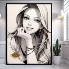 ♥美人の絵ミニマリスト「ルンルン気分」鉛筆画ウォールアートインテリアポスターA4