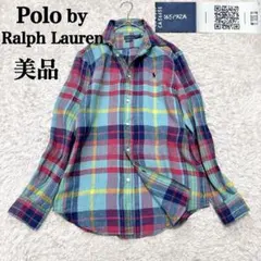 美品】ラルフローレン リネンマドラスチェック 長袖シャツ M ポニー