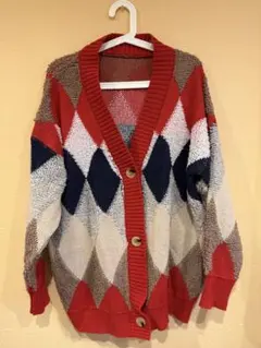 アーガイル柄 ニットカーディガン 赤×グレー系 レトロ 古着