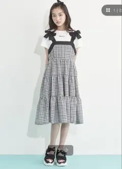 mezzo piano メゾピアノ ギンガムチェック 肩リボンワンピース 160