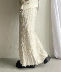 ウェーブ柄ミックスフリンジジャガードハイウエストニットタイトロングスカート