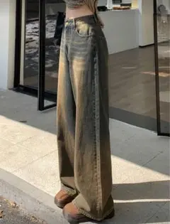 ミディアムウォッシュ ワイドレッグデニムパンツ