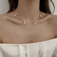 新品◎2連デザイン　パールネックレス ゴールドチェーン　韓国インポートアクセサリ