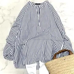 美品　バンヤードストーム　コットンシルク　バルーンスリーブブラウス　ストライプ