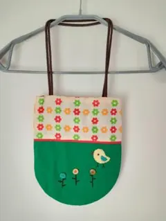 ハンドメイド手提げバッグ 花柄 鳥の刺繍