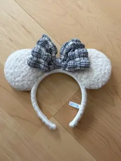 ★新品未使用❗️★ミッキーマウス型カチューシャ ホワイト　チェックリボン