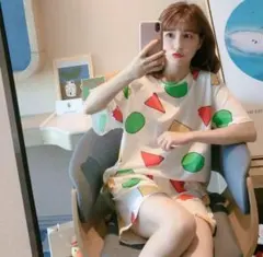 しんちゃん パジャマ セットアップ 白 ホワイト 半袖 部屋着 フリー 大人