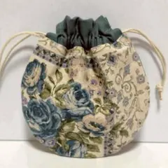 生成ブルーとオールドローズ　 ミニ まんまる 巾着　ハンドメイド