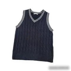 ネイビー ケーブル編み Vネックベスト