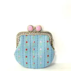 ライトブルー/赤とピンクの小花刺繍ストライプのがま口(マーブル玉/チャーム付)