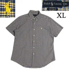 90s ラルフローレン 半袖BDシャツ チェック柄 紺タグ 古着 XL 青 黄