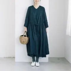 美品 フォグリネンワーク リネン100% ウエストリボン 半袖 ロング