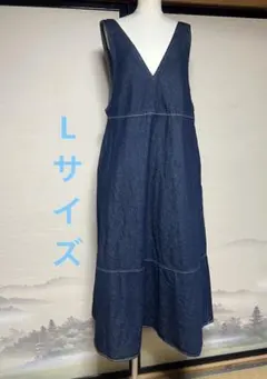 美品GU綿100%ダークデニム Vネック ノースリーブ ワンピースLサイズ
