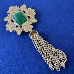 ヴィンテージ デザイン　アクセサリー　ブローチ　ゴールド　グリーン　レトロ
