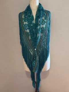 フラメンコ衣装ソニアジョーンズ中古美品ターコイズ 花柄刺繍 フリンジ付シージョのサムネイル
