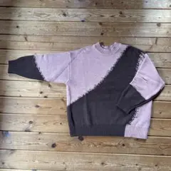 JEANASIS ピンク/ブラウン 斜め配色 長袖ニットセーター