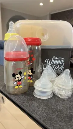 Pigeon ミッキーマウス 哺乳瓶セット 3本 哺乳瓶洗浄機 電子レンジ 除菌