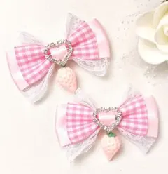 ヘアクリップリボン ピンク ギンガムチェック レース 量産型 いちご 苺
