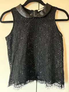 黒　ノースリーブ　レース　小さな丸襟　ブラウス　オペークドットクリップ