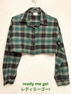 レディース 長袖ショートチェック柄クロップドシャツ緑黒