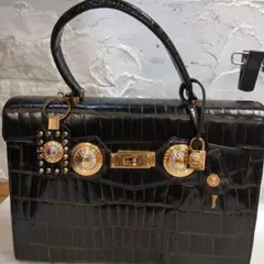 ブラック クロコダイル型押しレザーバッグ ゴールド金具