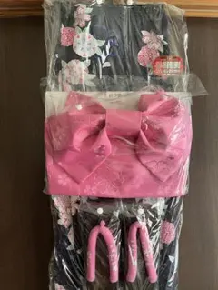 新品未使用 子供ゆかた 150 帯セット 紺 花