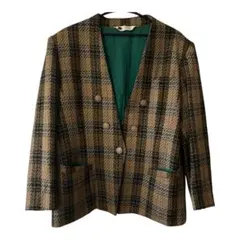 チェック柄 短丈 テーラードジャケットダブルボタン90s ブラウン グリーン