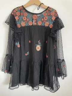 Zara ブラック 刺繍 フリルブラウス
