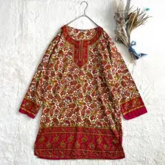 インド製 エスニック柄 チュニックワンピース 長袖 アジアンテイスト 総柄