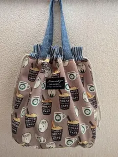 ★クマ柄（coffee）巾着型バッグ　トートバッグ　ハンドメイド★