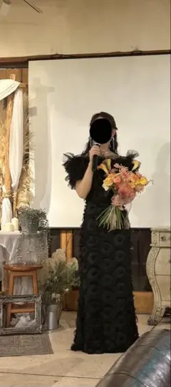 【前撮りドレス】【二次会花嫁ドレス】黒ドレス　フェザーワンピースのサムネイル