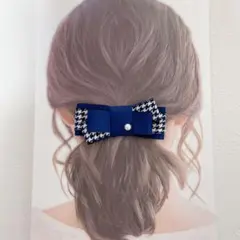 【パール付千鳥柄リボンバレッタ】ヘアアクセ　ハンドメイド　結婚式　卒園式