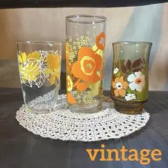 昭和レトロ︎✦︎ヴィンテージ︎✦︎アンバーガラス︎✦︎黄色 オレンジ 花柄︎✦︎グラス︎✦︎3個