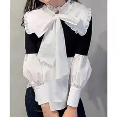 EIMY ISTOIRE フリルカラーシャツセットショートニット　ブラック