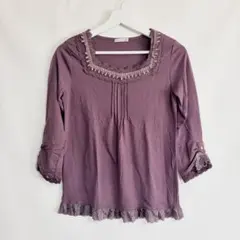 axesfemme レース刺繍付き７分袖デザインカットソー　パープル　M