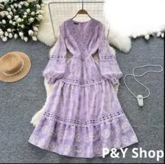 春夏コーデ❤️レディース　ロング丈ワンピース　Vライン　長袖　エレガント