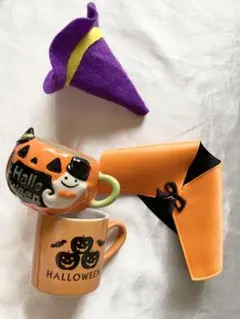 ハロウィン4点セット ミニ帽子 ミニマント オレンジ色カップ かぼちゃ型カップ