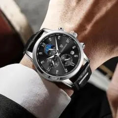 LIGE DESIGN　メンズ腕時計　シルバーブラック　防水　クロノグラフ