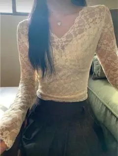 アイボリー レース 長袖 トップス SHEIN