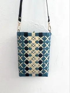 PPバンドバック、プラカゴ、ショルダーバック、かごバッグ　黒×ベージュ×青緑