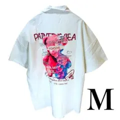 夏服シャツ メンズ 半袖 カジュアルシャツ　ホワイト　バックプリント M