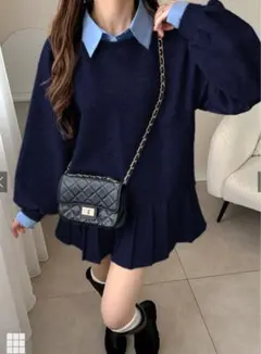 GRL 襟付きシャツレイヤード風プリーツワンピース ネイビー ［kz707］