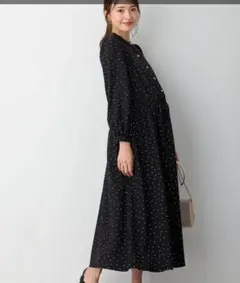 バンドカラーウエストシャーリング ドットワンピース　マタニティ・産後授乳服　M