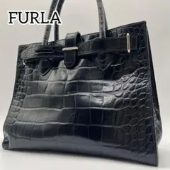 FURLA フルラ LADY M トートバッグ クロコ型押し レザー 黒 - メルカリ